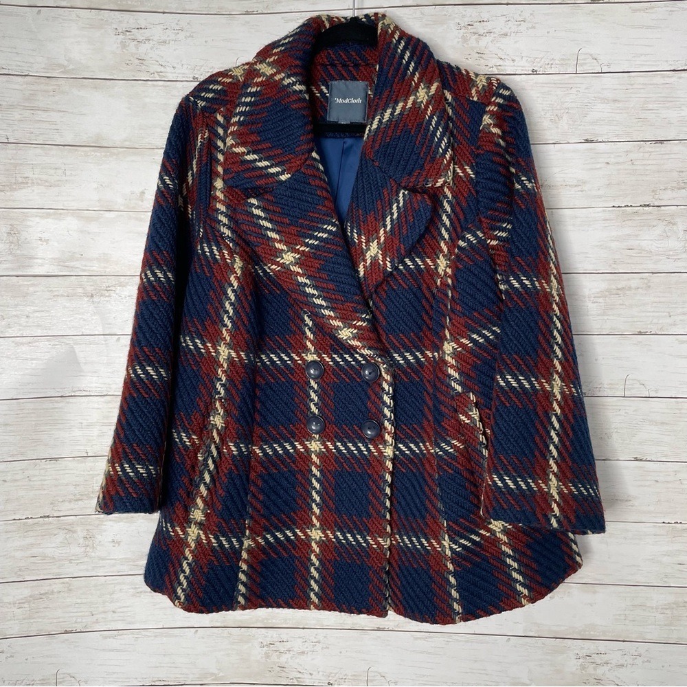 Modcloth‎ Clement Navy and Rust Plaid Pea Coat Sz 2X